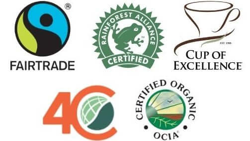 Certification for coffee standards logos. Includes those badges which are assigned to our different coffees. Includes FairTrade Coffees, RFA coffee, Cup of Excellence coffee, 4C coffee and certified organic coffee. 