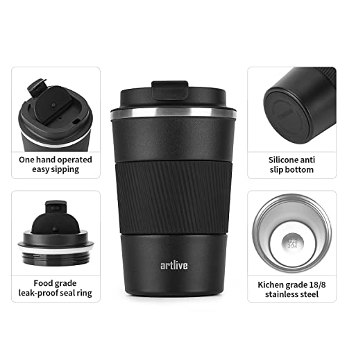 Artlive Coffee Cup, Travel Mug Insulated & Reusable Thermal Stainless Steel with Leakproof Lid & Eco-Friendly for Hot & Cold Drinks 380ml (Black)